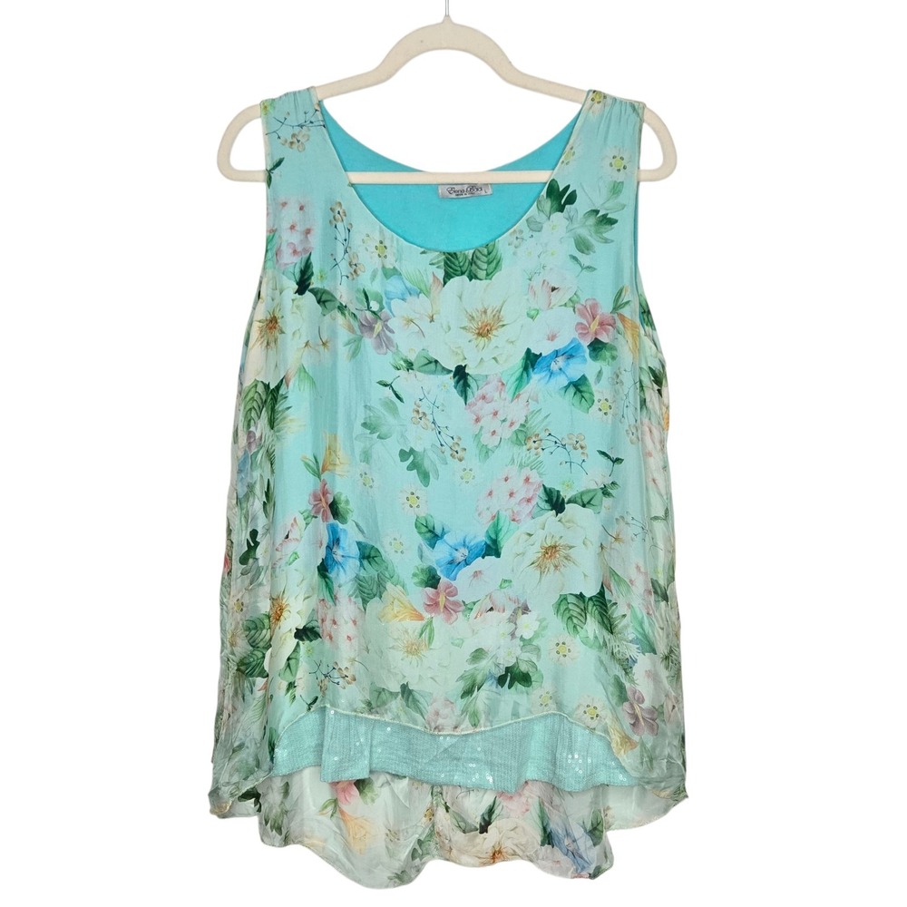Elena Baldi Silk Overlay Sequin Floral Aqua Blue Flowy Tank SZ L